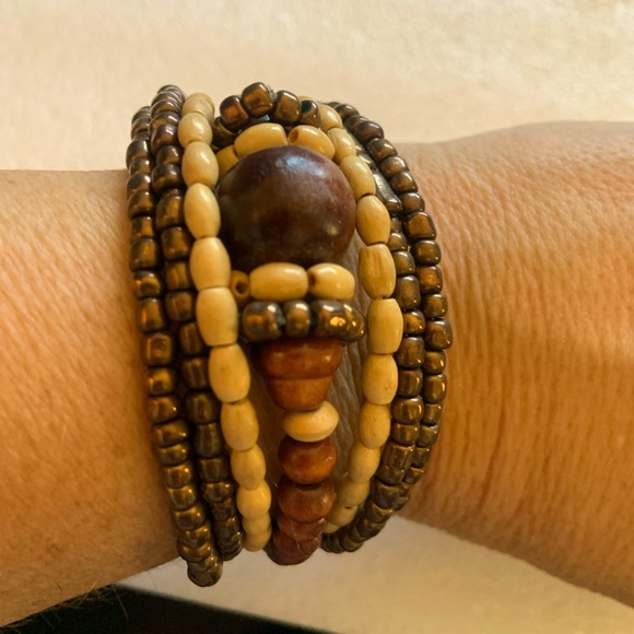 Hand Crafted Jewelry - Handcrafted Tan/Brown wood beaded cuff bracelet. OS fits most